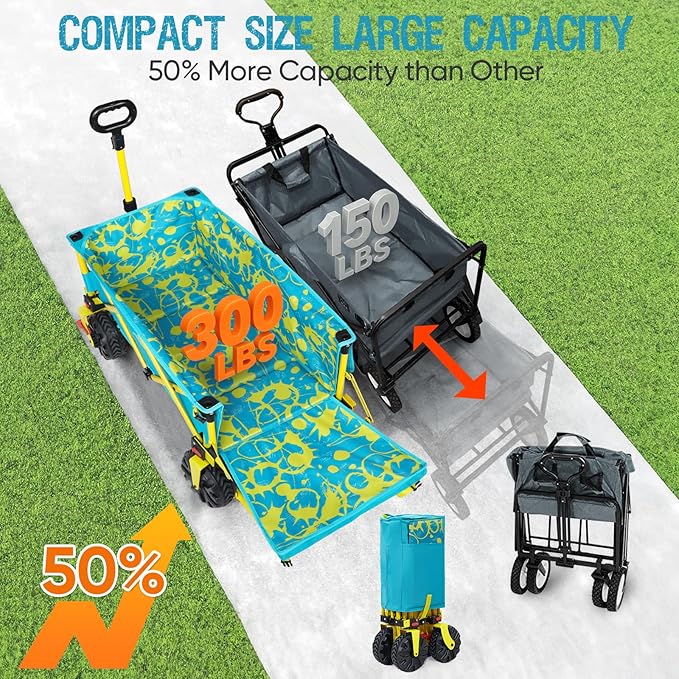 49" L Extra Long Beach Wagon with Tailgate,Big Wheels with Brake for Sand, Collapsible Utility Beach Cart Heavy Duty Folding Wagon,Ideal for Outdoor Sand Camping Garden Pet