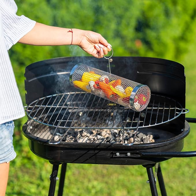 2PCS Rolling Grill Baskets for Outdoor Grill, Big Green Egg Accessories-Set Includes Fork, Hook, and Oil Brush-304g Stainless Steel-Perfect Gifts for Dad, Camping Must Haves, Unique Outdoor Gifts