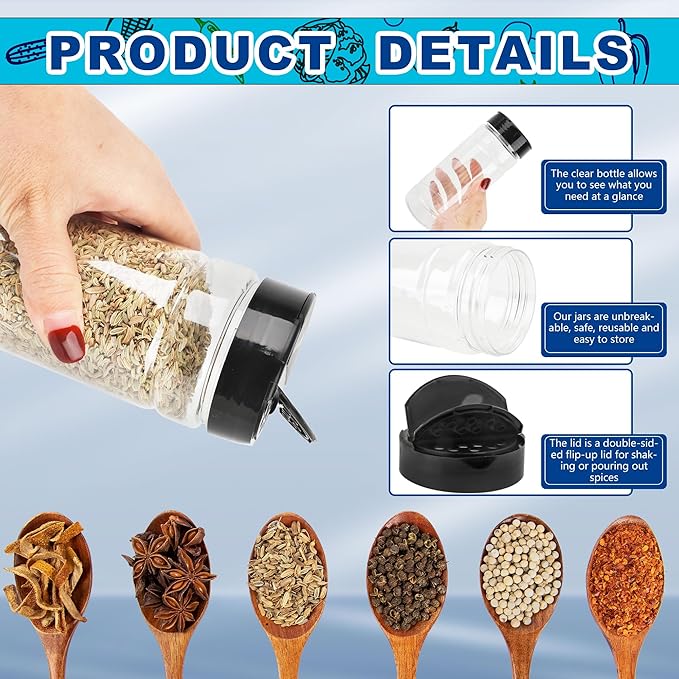 20 Pack 16 oz Plastic Spice Jars with Black Shaker Cap Reusable Seasoning Containers Jars with Shaker Lids Clear Empty Plastic Bottle for Storing Spice Seasoning Powders