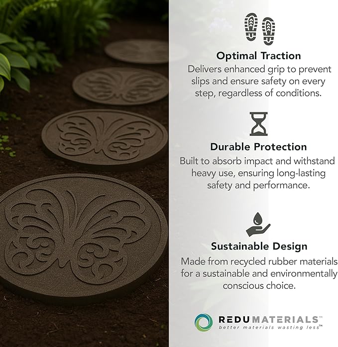 Garden Central 4-Pack 18”x18” Fake Butterfly Rubber Stepping Stones, Round, Grey – Reversible Non-Slip Outdoor Faux Decorative Set for Landscaping – DIY Decor for Walkways & Yard Pathways