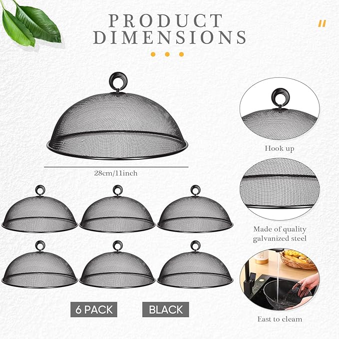 Gerrii 6 Pcs Metal Mesh Food Cover Outdoor Mesh Food Tents Dome Screen Plate Covers for Dinner Plates Reusable Fruit Fly Nets Picnic Food Umbrella for Table, BBQ, Camping, Party (Black,11 Inch)