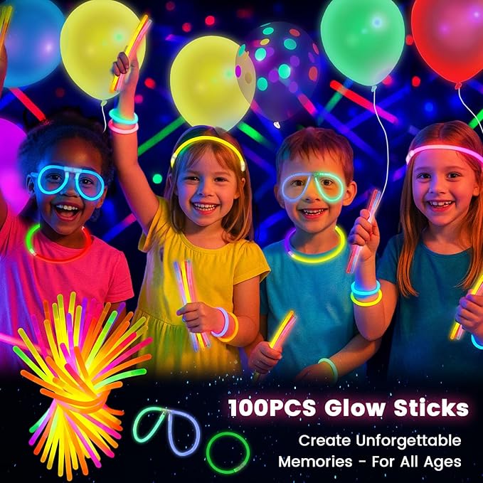 3 otters 100PCS Glow Sticks, 8 Inch Glow in the Dark Party Favors Halloween Party Supplies Light Up Sticks for Kids Adults Birthday Decorations