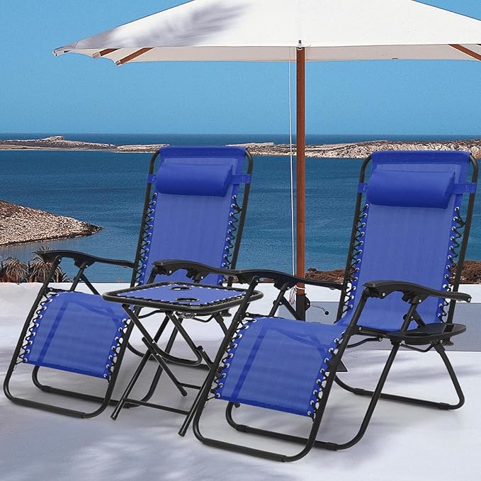 MoNiBloom Oversized Lounge Beach Chairs for Outside, 29" XL Zero Gravity Camping Chairs with Side Table, Pillow and Tray, 330lbs Capacity, Blue