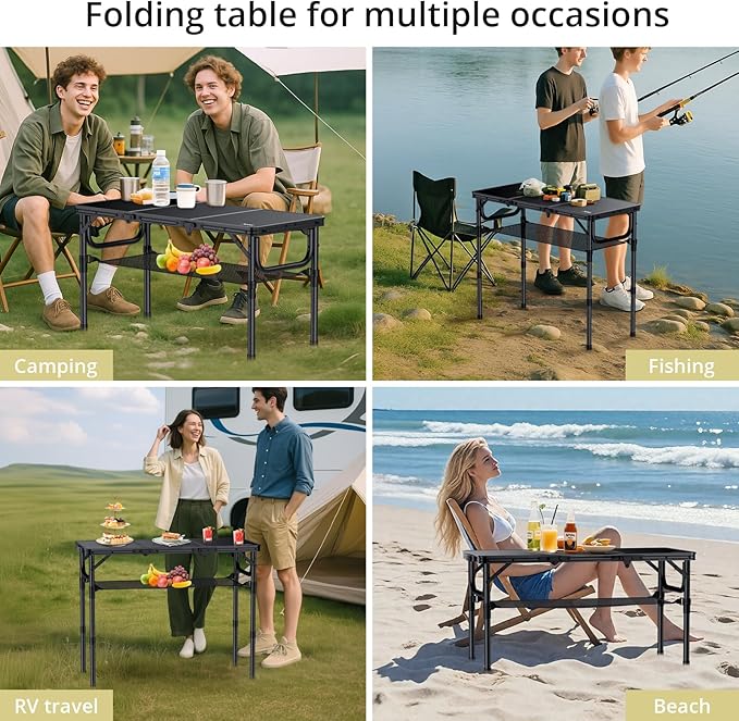 Folding Camping Table with Storage Net, 3ft Camping Table Aluminum Folding Table with 3 Adjustable Height Max 27.5 Inch Picnic Table Portable Table for Outdoor Backyard BBQ, Pure Black