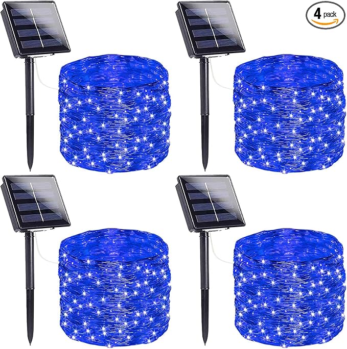 Extra-Long Solar String Lights Outdoor, 4-Pack 400 LED Solar Fairy Lights for Outside Waterproof, Copper Wire 8 Modes Solar Twinkle Fairy Light for Xmas Tree Garden Party Wedding Decor(Blue)