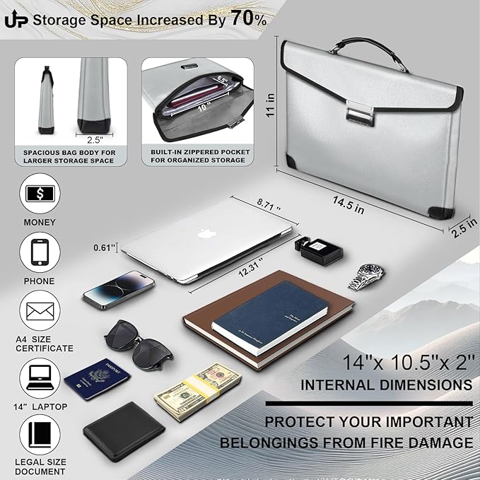 Fireproof Document Bag 14.5"X11"X2.5" Fireproof Money Bag for Cash With Lock and Zipper,Fire&Waterproof Storage Organizer Pouch for Valuables,Legal Document,Laptop,Passport,(Silver)