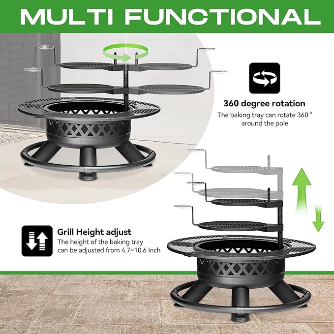47 Inch Outdoor Wood Burning Fire Pit with 2 Grills,Extra Large 3-in-1 Fire Pit with Metal Lid & Fire Poker, Heavy Duty BBQ Firepits for Outside, Backyard, Bonfire, Patio & Party (47'' Black)