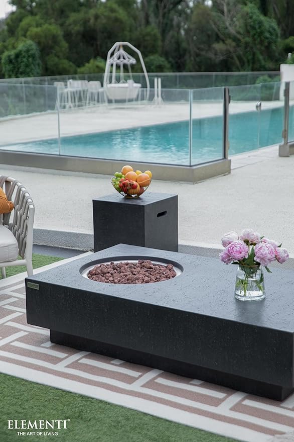 Elementi | Bundle Metropolis Gas Fire Pit Cast Concrete 56" Rectangular Fire Table, Outdoor Fire Pit Electronic Ignition | Canvas Cover, Lava Rock Included | Dark Gray (Natural Gas)