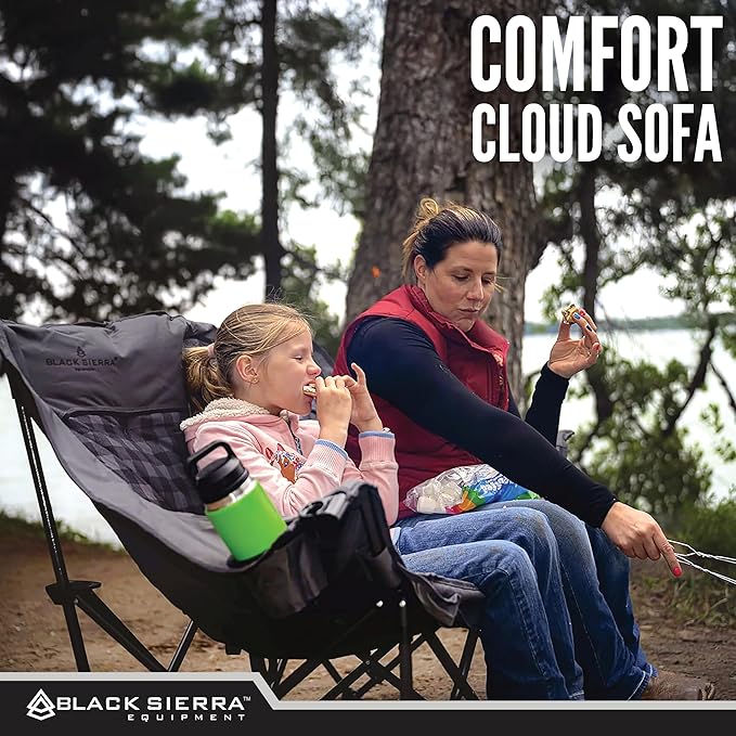 Black Sierra Double Camping Chair for Adults, Oversized Folding Loveseat Supports 600 lbs, Plush Padded Outdoor Couch with Cup Holders and Carry Bag for Beach, Patio, RV, or Tailgating Events