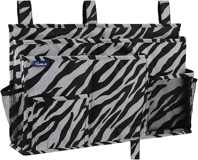 Surblue Bedside Caddy Hanging Organizer Storage Bag Pocket for Bunk, Hospital, College Dorm Rooms, Baby Bed Rails, Camp - 8 Pockets (Large, Zebra)