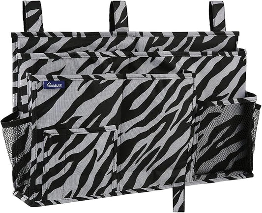 Surblue Bedside Caddy Hanging Organizer Storage Bag Pocket for Bunk, Hospital, College Dorm Rooms, Baby Bed Rails, Camp - 8 Pockets (Large, Zebra)