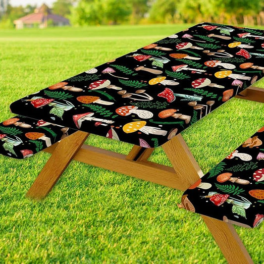 JAWO Black Picnic Table Cover with Bench Covers Elastic Edges Camping RV Essentials Waterproof Windproof Outdoor Fitted Tablecloth Rectangle Camping Tables and Seats, 30x72in