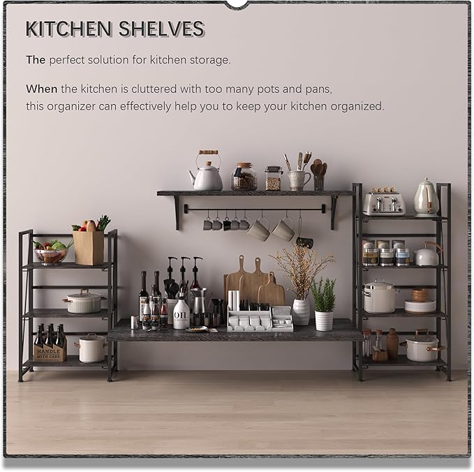 4NM No-Assembly Folding Bookshelf Storage Shelves 3 Tiers Vintage Bookcase Standing Racks Study Organizer Home Office (Gray Black)