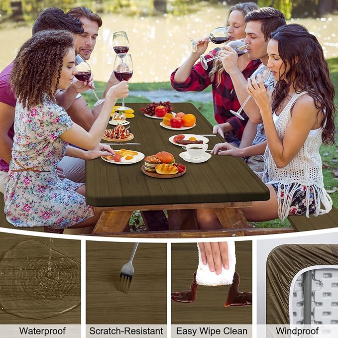Picnic Table Cover with Bench Covers Camping Tablecloth with Storage Bag Windproof Waterproof Picnic Table Covers with Elastic for Camping