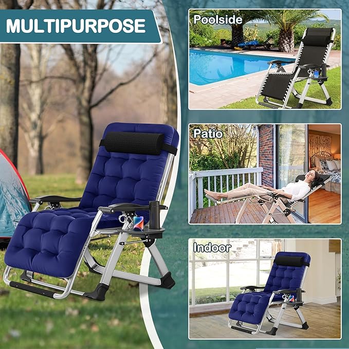NAIZEA Padded Zero Gravity Chair, Folding Outdoor Lounge Chairs, Adjustable Reclining Camping Chairs with Cup Holder, Ergonomic Patio Lawn Chair for Balcony Beach Deck Yard