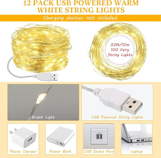 Macarrie 12 Pcs USB String Lights 33 ft 100 LED Fairy Lights Powered String for Christmas Indoor Outdoor Wedding Party Tree Home Festival Garden Decoration (Warm White)