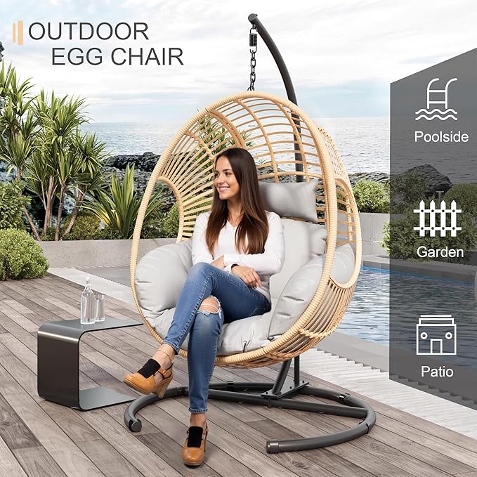 Oversized Hanging Egg Chair Outdoor Indoor, Wicker Swing Egg Chair with Stand 400lbs Capacity for Bedroom, Patio, Garden and Balcony (Beige-Regular, Oversize)
