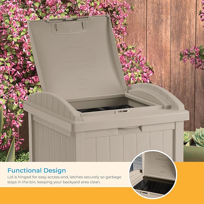 Suncast 33 Gallon Hideaway Trash Can for Patio - Resin Outdoor Trash with Lid - Use in Backyard, Deck, or Patio - Taupe