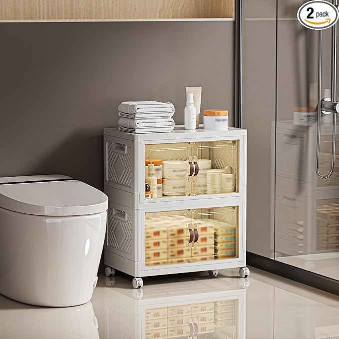 132 QT / 33 Gal White Storage Bins with 1 Lid - Collapsible Stackable Cabinet Organizer w/Wheels & Magnetic Doors, Plastic Storage Box for Office Closet Organization