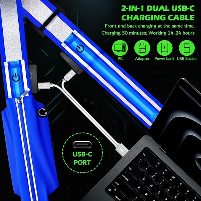 Reflective Sash Gear for Walking at Night,LED Reflective Belt Safety Lights,Lights for Night Dog Walking,High Visibility Type-C Rechargeable with Phone Holder for Men Women