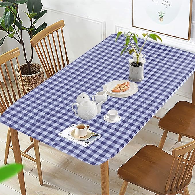 Fitable Checkered Picnic Table Cover Waterproof - 30"x72" - Vinyl Fitted Tablecloth with Flannel Backing Outdoor Tablecloth for Camping, Travel, Holiday, Party, Folding Table, Navy