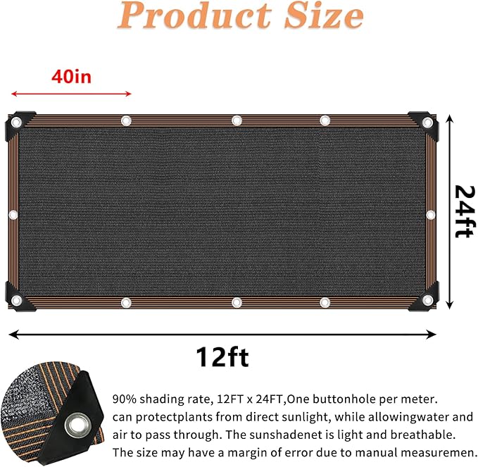 QLOFEI 12x24 FT Shade Cloth with Grommets, 90% Sunblock Outdoor Patio Mesh Tarp, Easier to Hang Neting Cover for Garden Greenhouse Pergola Lawn Kennel Pool Chicken Coop Shade Sail