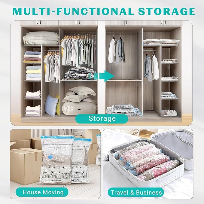 Vacuum Seal Bags for Clothing Travel, 15 Combo - Vacuum Storage Bags, Compression Bags for Travel, Blankets Luggage Clothes - Hand Pump Included（3 Jumbo, 3 Large, 3 Medium, 3 Small, 3 Roll Up Bags）