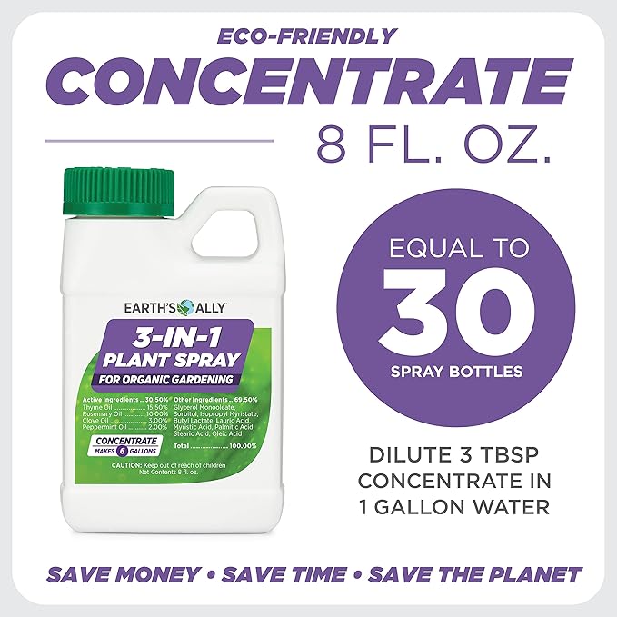 Earth's Ally 3-in-1 Plant Spray 8 oz Conc. Makes 6 gal | Better Than Neem Oil | Insecticide, Fungicide & Spider Mite Control for Organic Gardening, Pest Repellent for Indoor & Outdoor Gardening