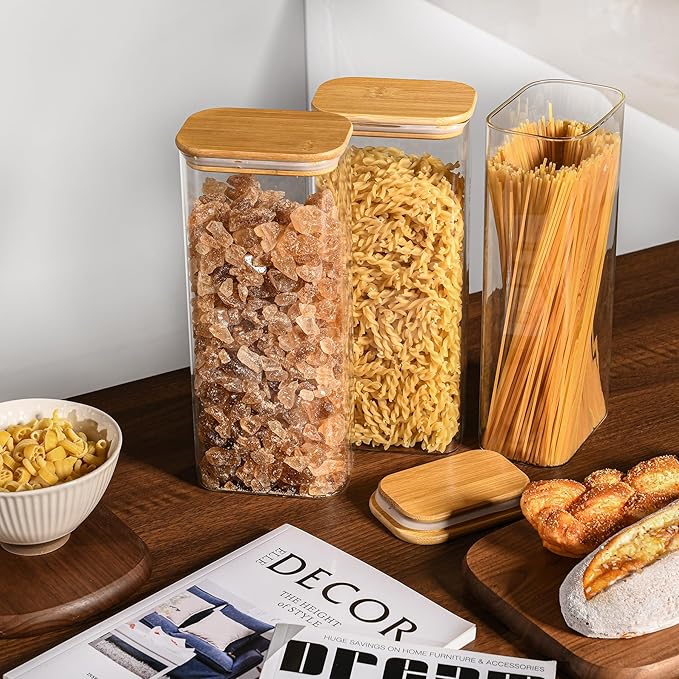71oz Rectangle Airtight Glass Storage Containers with Bamboo Lids (Set of 3), Square Food Storage Jar, Pantry Organizers for Sugar, Flour, Spaghetti and Coffee beans (‎with Black Lable)