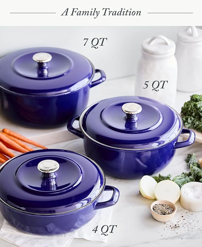 Merten & Storck 7QT Round Dutch Oven Casserole Pot with Lid, European Crafted Enameled Iron Stockpot, Induction & All Cooktops, Braising, Stews, Roasting, Slow Cooking, Sourdough, Cobalt Blue