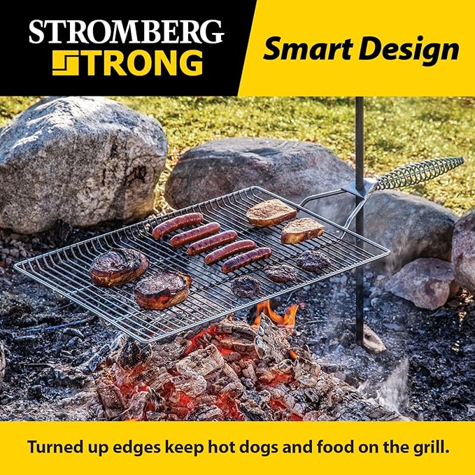 Stromberg Carlson Stake & Grill – Portable Camping Grill Grate for Outdoor Camping, Backpacking, and RV Use, Campfire Cooking Equipment for Fire Pit Cooking, Silver, 15"x22" w/ 36" Long Stake