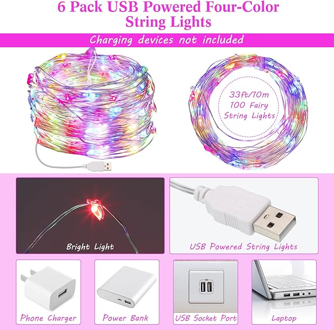 Macarrie 6 Pcs USB String Lights 33 ft 100 LED Fairy Lights Powered String for Christmas Indoor Outdoor Wedding Party Tree Home Festival Garden Decoration (Colorful)