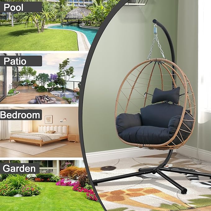 Egg Chair with Stand, Uv-Proof Pe Wicker Hanging Chair for Outdoor Patio, Cushioned Hammock Swing for Bedroom Garden Indoor/Outdoor, Double-Zipper Structure Hanging Egg Chair (Yellow and Black)