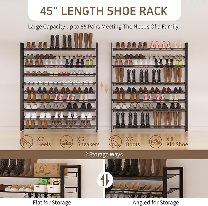 Metal Shoe Rack,Large 10 Tier Shoe Organizer, Heavy Duty Metal 5-Tier Stackable Shoe Storage Vertical Shoe Rack for Closet Front Door Entrance,Entryway,GarageUp to 62 Pairs,Black