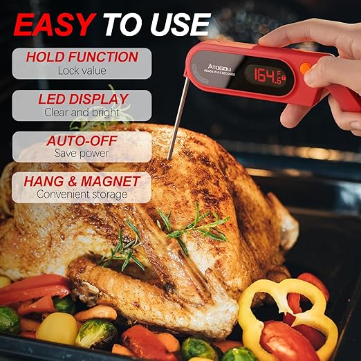 Meat Thermocouple Thermometer Digital, Ultra Fast Instant Read <1 Sec, ±0.5℉ Accuraty, IP67 Waterproof, LED Display, Auto Off, Digital Kitchen Thermometer for Meat/Candy/Grill/BBQ etc. TH-21 (Red)