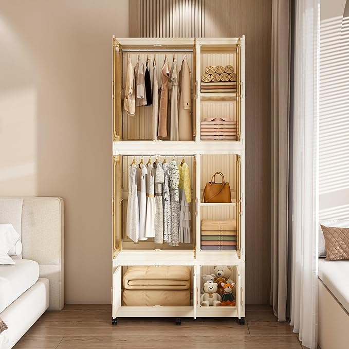 Portable Wardrobe Closet Storage Organizer, Plastic Collapsible Closet Organizer with Transparent Magnetic Door, for Bedroom Living Room,Easy Assemble,7 Cubes & 2 Hanging Rod