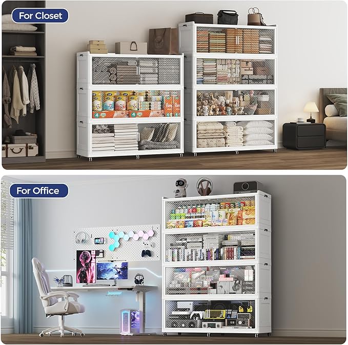 200GAL Extra Large Stackable Storage Bins with Lid, 800QT Plastic Closet Organizer and Storage Cabinet with Wheels and Doors, Folding Storage Box Container for Home Organization, 4Pack White