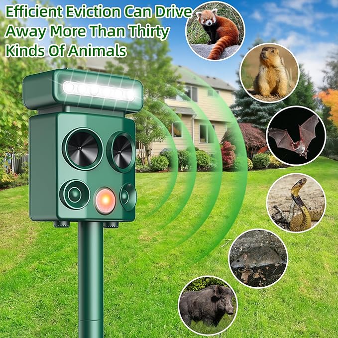 Solar Ultrasonic Animal Repeller with Motion Detection&LED Strobe Light, 2Pcs Deer Deterrent Devices Outdoor to Repel Dog Squirrel Rabbit Raccoon Repellent for Farm