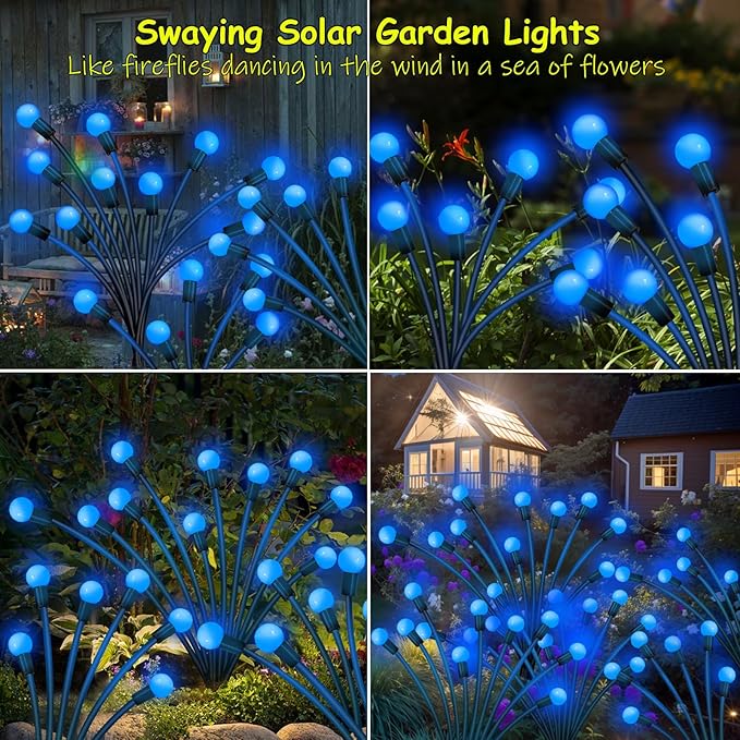 Solar Garden Lights Outdoor, 6 Pack 60 LED Blue Firefly Lights Waterproof, Sway by Wind, Solar Wind Swaying Light for Yard Patio Backyard Garden Planter Flower Bed Pathway Decoration