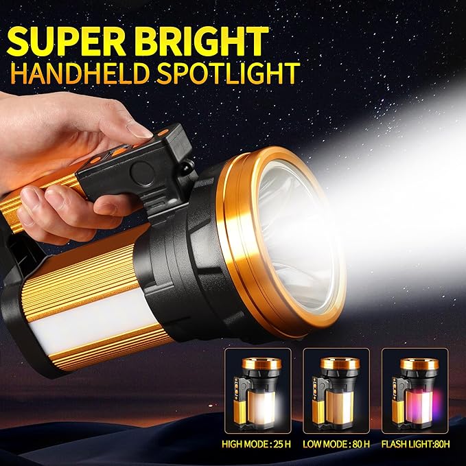 Rechargeable 2000LM Spotlight Flashlight 13600mAh LED Spotlight IP67 Waterproof Handheld Flashlight with Double Side Lights Modes LED Flashligth Outdoor Huting Boat