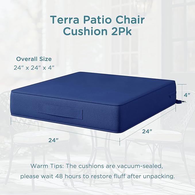 Codi Outdoor Cushions for Patio Furniture 24x24 Inch, Waterproof Chair Seat Cushion with Handles & Adjustable Straps, Fade Resistant - Set of 2, Navy Blue