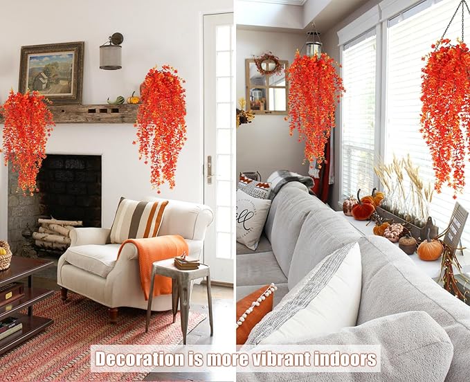 Artificial Hanging Plants Fall Faux Eucalyptus Leaf Fall Fake Hanging Plants Fall Hanging Vines Artificial Fall Flowers Faux Autumn Plants for Thanksgiving Indoor Outdoor House Wedding Party(Gold)