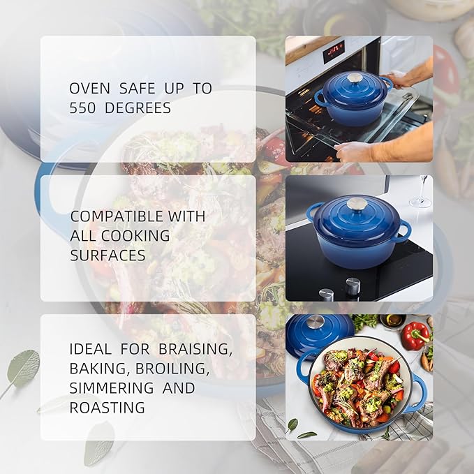 6 Quart Dutch Oven Enameled Cast Iron with Lid - Big Dual Handles - Oven Safe up to 500°F - Classic Round Pot for Versatile Cooking (Blue, 6 QT)