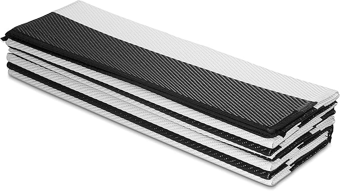 FH Home Outdoor Camping Rug - Waterproof, Fade Resistant, Reversible - Premium Recycled Plastic - Striped - Picnic, Patio, Deck, Sunroom, RV - Brittany Stripe - Black & White - 4 x 6 ft Foldable