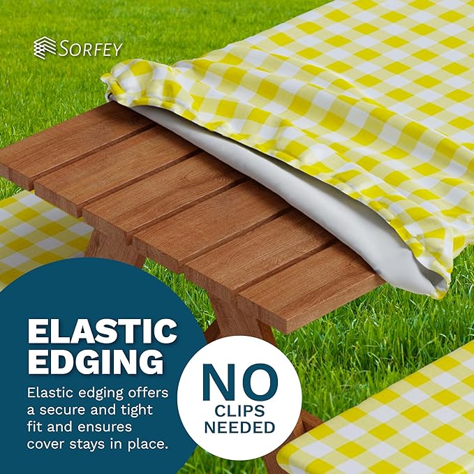 Sorfey Picnic Table Cover with Bench Covers -Fitted with Elastic, Vinyl with Flannel Back, Fits for Table 30"x 96" Rectangle,Water Proof, Checked Yellow Design