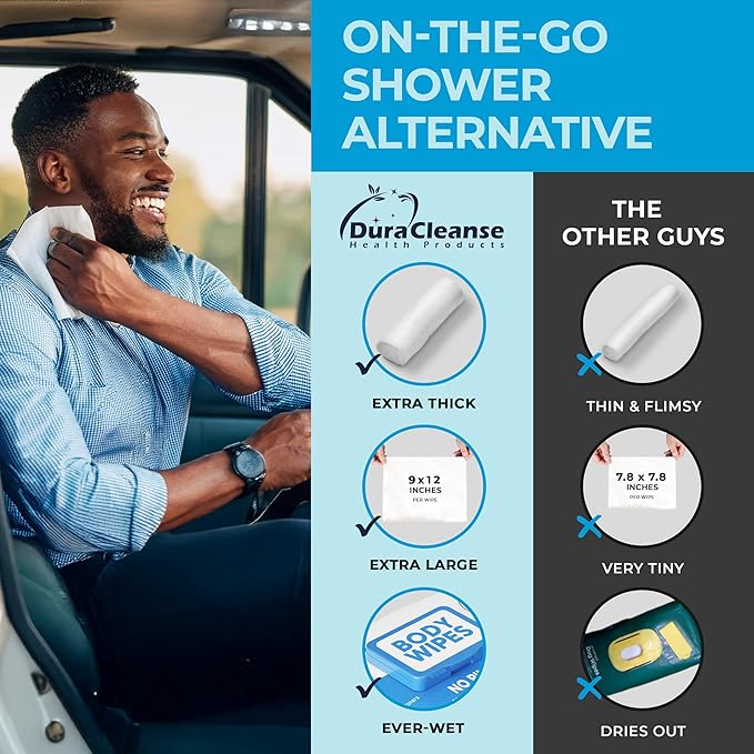 Dura Cleanse Body Wipes for Adults Bathing No Rinse (2 Pack) 100 XL Shower Wipes + 8 Travel Bath Sheets - 9" x 12" Extra Thick Adult Disposable Washcloths for Elderly Incontinence & Camping Essentials