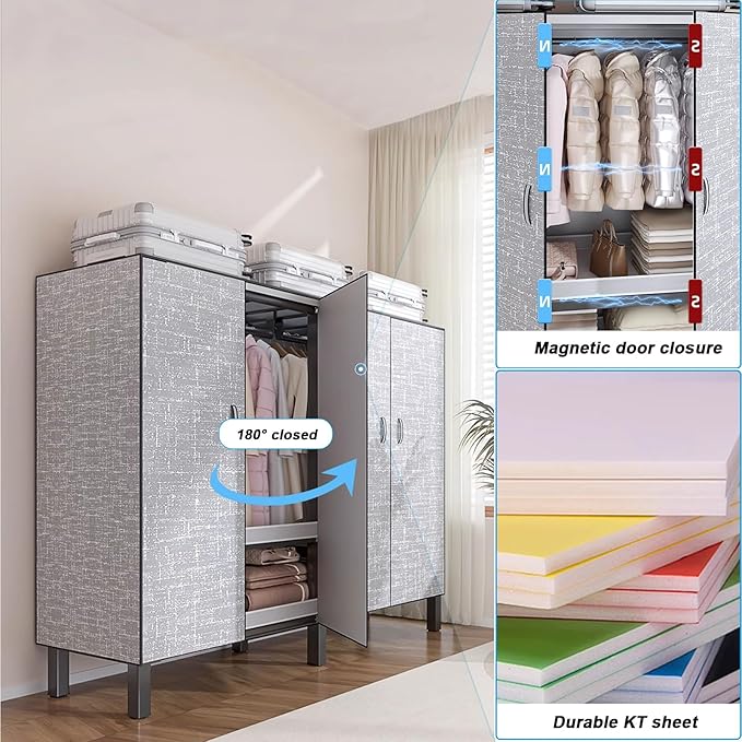FPIGSHS Heavy Duty Clothes Rack with Magnetic Door 2000LBS Foldable Portable Wardrobe Closet for Hanging Clothing Rolling Garment Rack on Wheels for Bedroom Closet System (B(Grey Door, 49.2in)