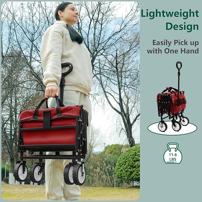 Folding Wagon Cart with Wheels and Tailgate, 330 lbs 120 l Capacity, Adjustable Handle, Portable Collapsible Utility Wagon Cart for Groceries, Outdoor Camping, Shopping, Garden (Red)