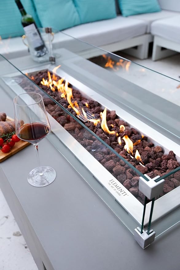 Elementi | Bundle Granville Gas Fire Pit Cast Concrete 60" Rectangular Fire Table, Outdoor Fire Pit Electronic Ignition | Canvas Cover, Lava Rock Included | Light Gray (Natural Gas)