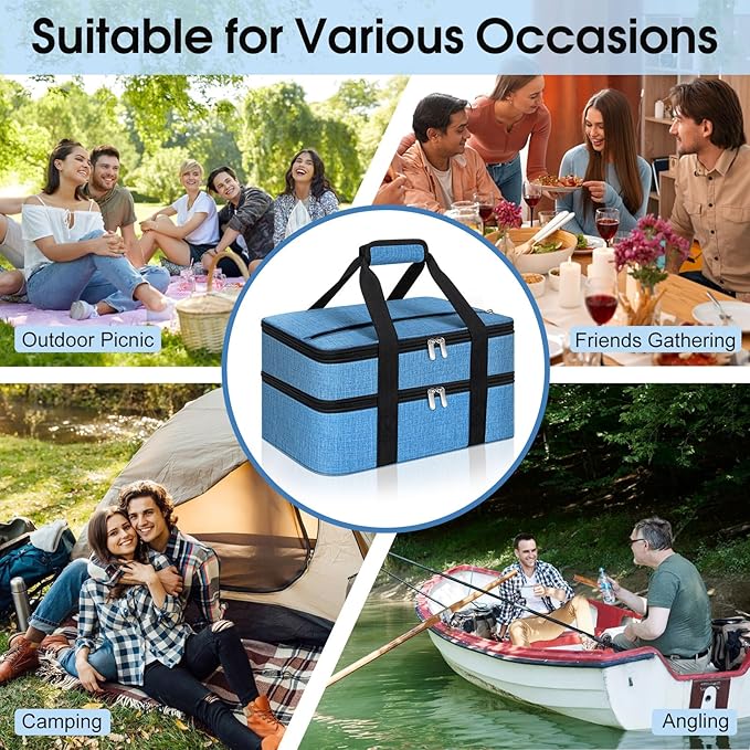 Double Insulated Casserole Carrier, Portable Casserole Carrier for Hot or Cold Food Lunch Tote Warmer or Cooler Bag, Lasagna Lunch Bag for Potluck Parties- Fits 9" x 13" Baking Dish-Azure